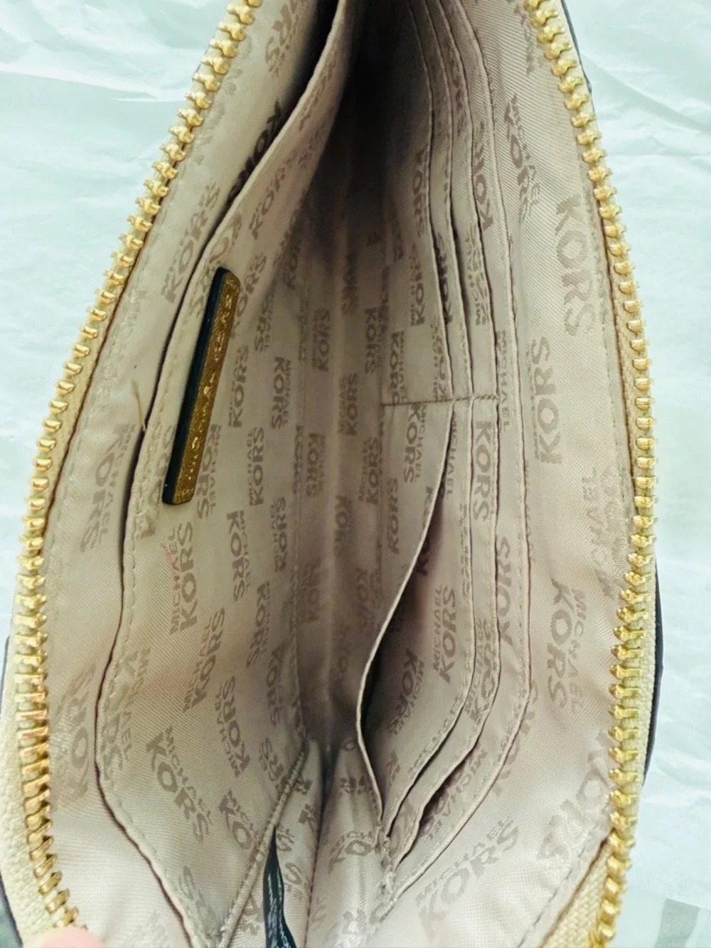 Michael Kors Tan and Gold Signature Patch Wristlet